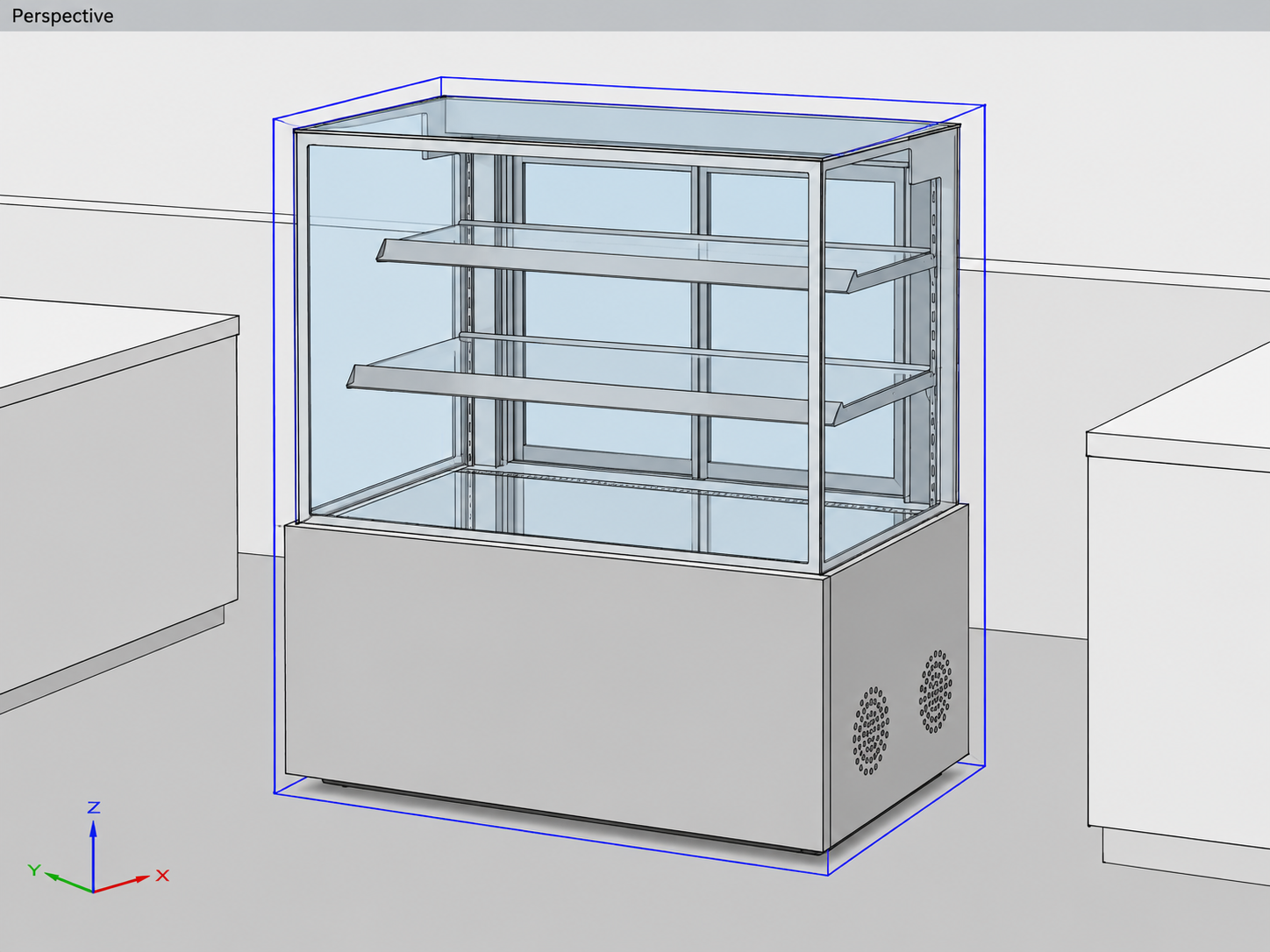 사각 뒷문형 스테인리스 쇼케이스를 공간에 배치한 SketchUp 설계 자료 예시